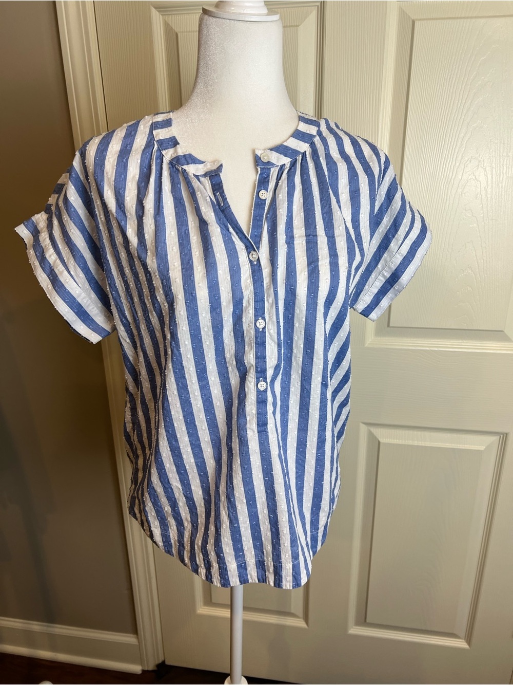 Point Sur popover cotton Blue and White Dobby Vertical Stripe Blouse XS